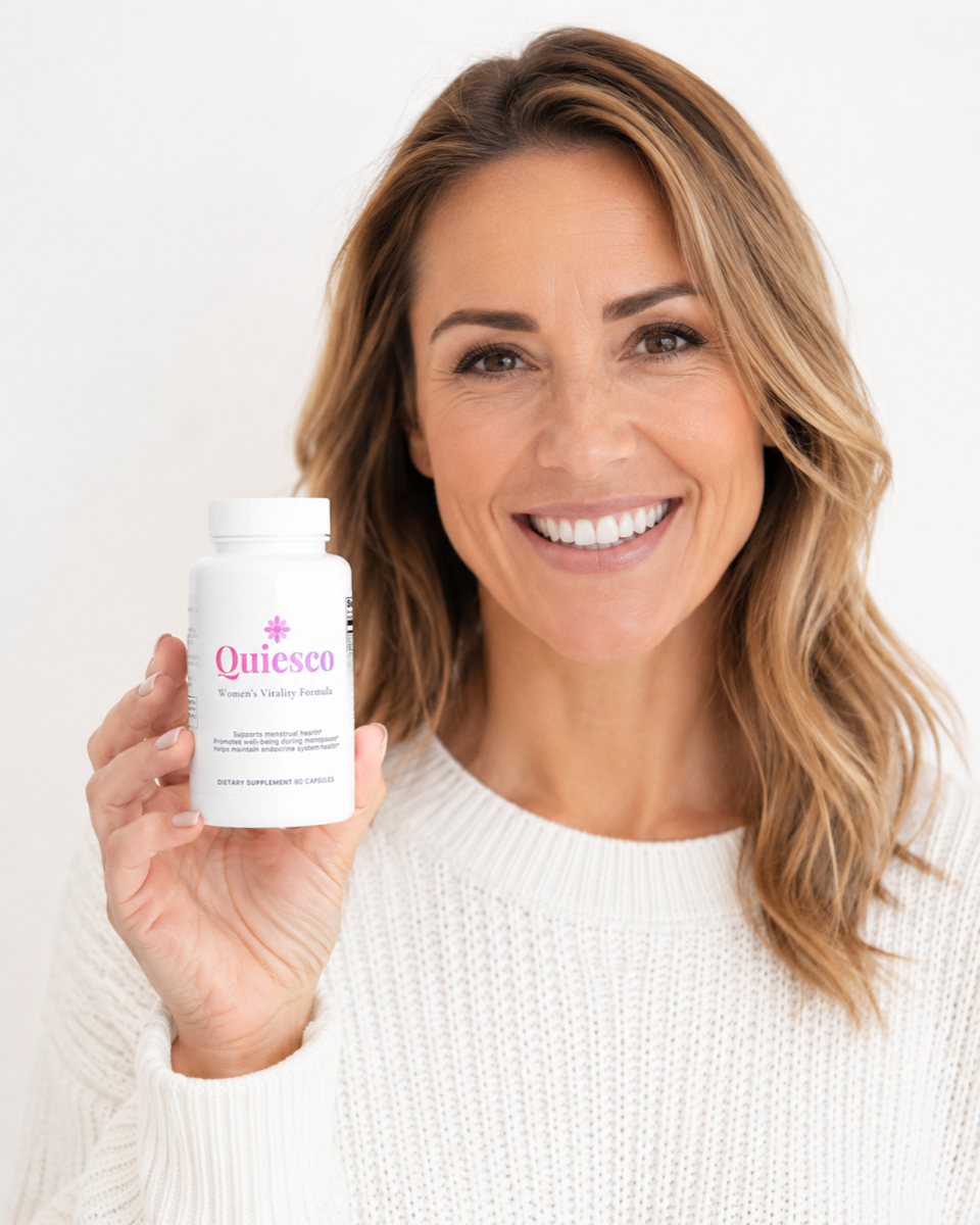 Woman holding Quiesco bottle smiling